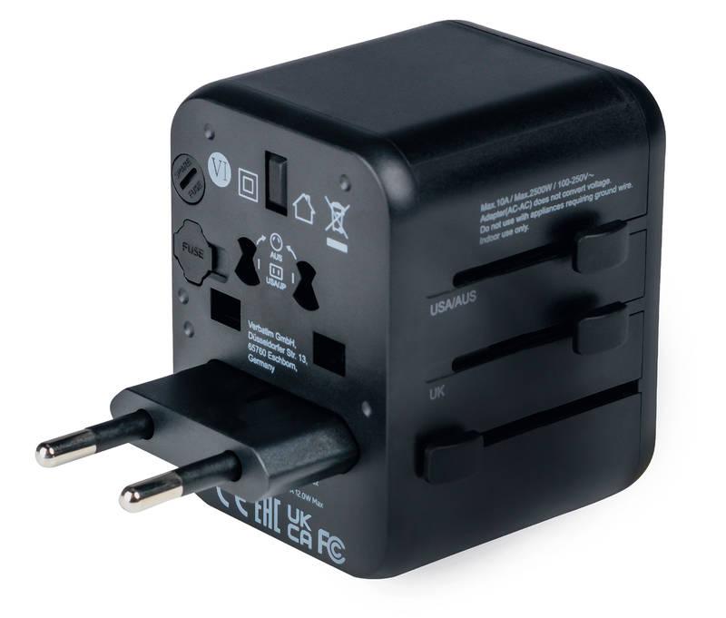Cestovní adaptér Verbatim UTA-01 s 2 x USB-A porty černý, Cestovní, adaptér, Verbatim, UTA-01, s, 2, x, USB-A, porty, černý