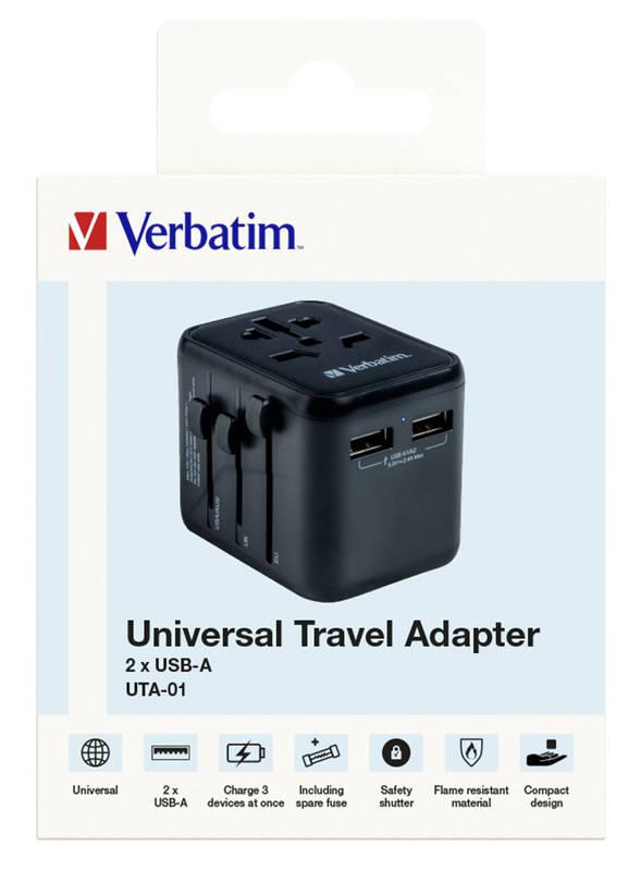 Cestovní adaptér Verbatim UTA-01 s 2 x USB-A porty černý, Cestovní, adaptér, Verbatim, UTA-01, s, 2, x, USB-A, porty, černý