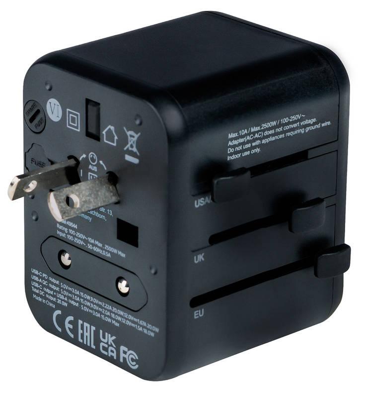 Cestovní adaptér Verbatim UTA-02 s 1 x USB-C PD 20W 1 x USB-A QC 3.0 černý