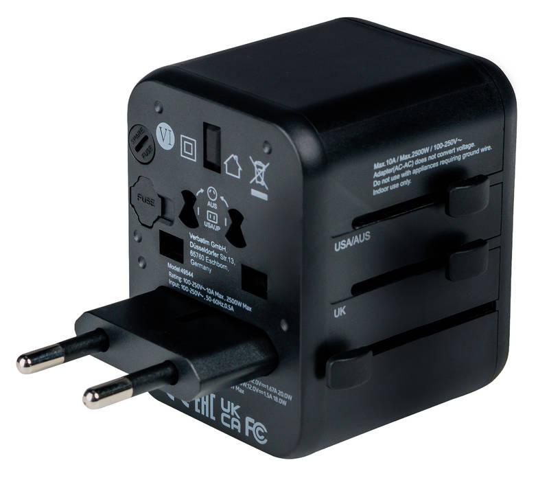 Cestovní adaptér Verbatim UTA-02 s 1 x USB-C PD 20W 1 x USB-A QC 3.0 černý, Cestovní, adaptér, Verbatim, UTA-02, s, 1, x, USB-C, PD, 20W, 1, x, USB-A, QC, 3.0, černý