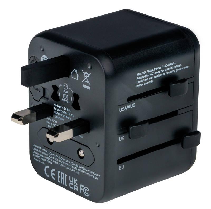 Cestovní adaptér Verbatim UTA-02 s 1 x USB-C PD 20W 1 x USB-A QC 3.0 černý, Cestovní, adaptér, Verbatim, UTA-02, s, 1, x, USB-C, PD, 20W, 1, x, USB-A, QC, 3.0, černý