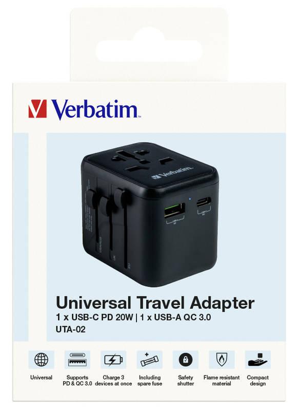 Cestovní adaptér Verbatim UTA-02 s 1 x USB-C PD 20W 1 x USB-A QC 3.0 černý, Cestovní, adaptér, Verbatim, UTA-02, s, 1, x, USB-C, PD, 20W, 1, x, USB-A, QC, 3.0, černý
