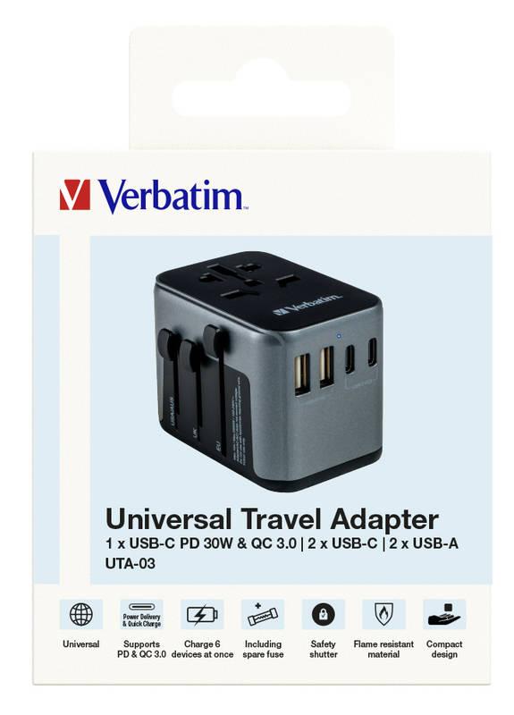 Cestovní adaptér Verbatim UTA-03 s 1 x USB-C PD 30W & QC 3.0 2 x USB-C 2 x USB-A černý, Cestovní, adaptér, Verbatim, UTA-03, s, 1, x, USB-C, PD, 30W, &, QC, 3.0, 2, x, USB-C, 2, x, USB-A, černý