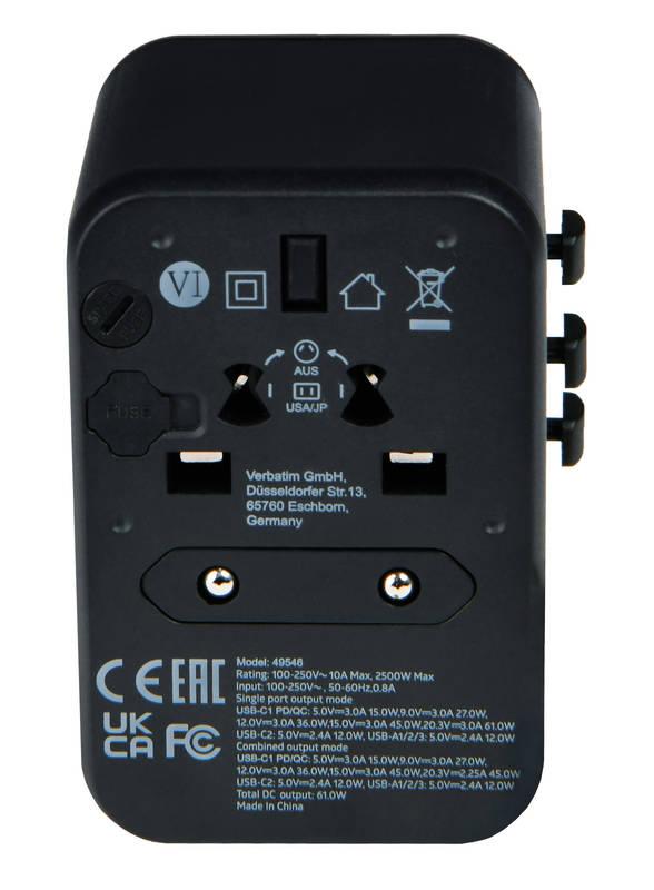 Cestovní adaptér Verbatim UTA-04 s 1 x USB-C PD 61W & QC 3.0 1 x USB-C 3 x USB-A černý, Cestovní, adaptér, Verbatim, UTA-04, s, 1, x, USB-C, PD, 61W, &, QC, 3.0, 1, x, USB-C, 3, x, USB-A, černý