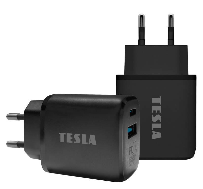 Nabíječka do sítě Tesla Power Charger T220, 1×USB, 1× USB-C 25 W PD 3.0 černá