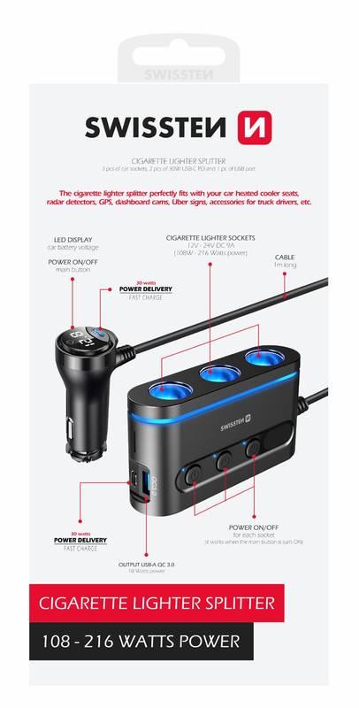 Adaptér do auta Swissten 3x CL, 2x UCB-C PD a 1x USB-A QA 3.0, 108 W - 216 W černá