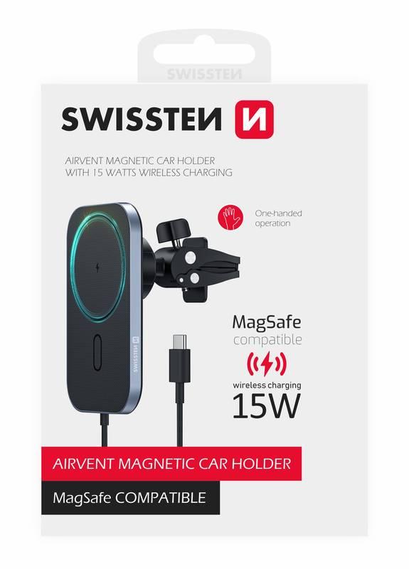 Držák na mobil Swissten MagSafe do ventilace s bezdrátovou nabíječkou 15 W černý