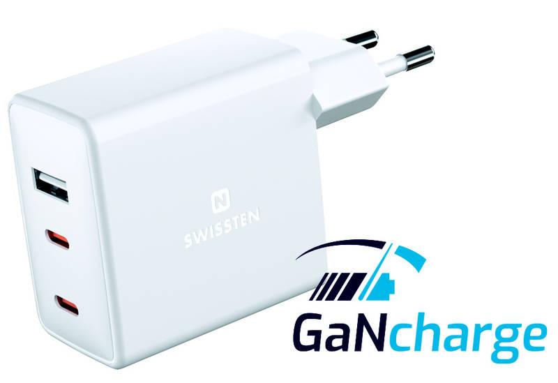 Nabíječka do sítě Swissten GaN 70W, 2x USB-C, 1x USB bílá