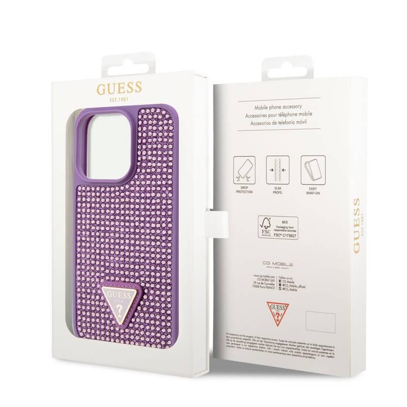 Kryt na mobil Guess Rhinestones Triangle Metal Logo na Apple iPhone 14 Pro fialový