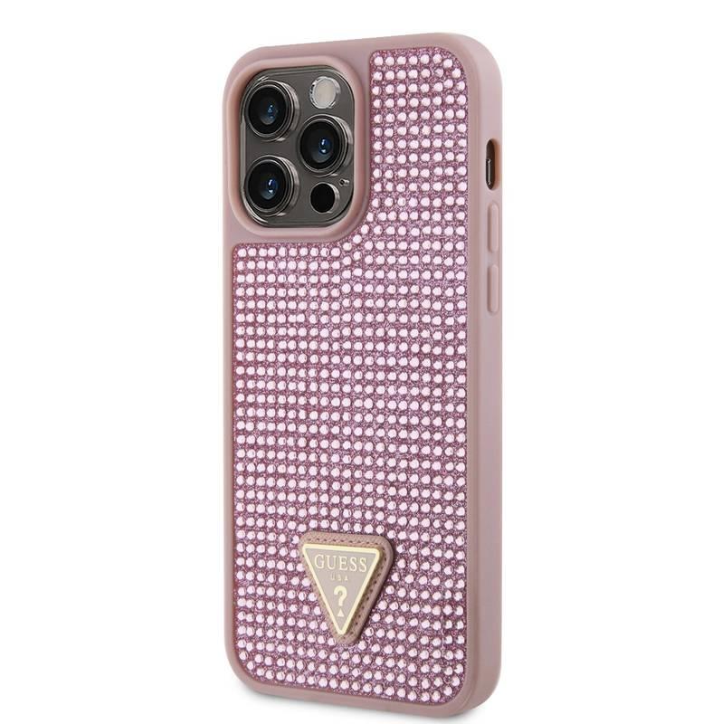 Kryt na mobil Guess Rhinestones Triangle Metal Logo na Apple iPhone 14 Pro Max růžový