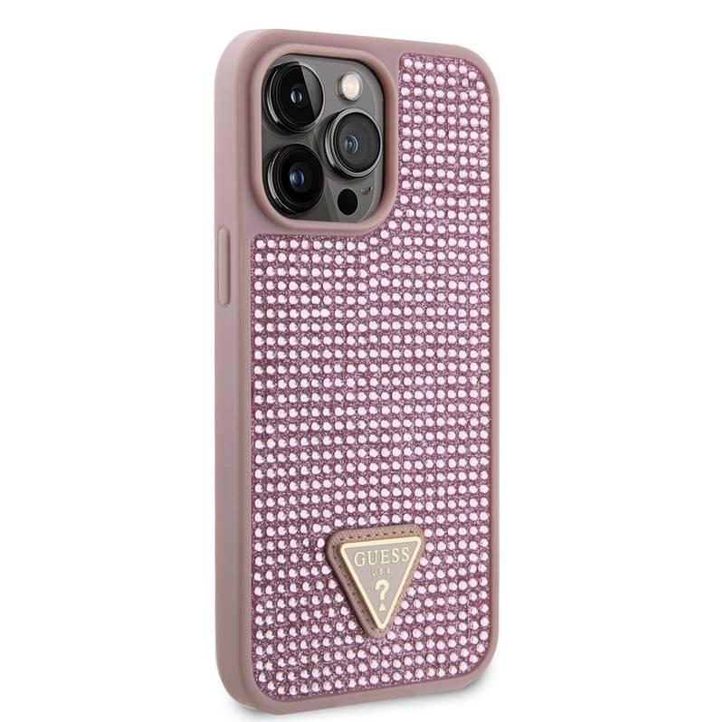 Kryt na mobil Guess Rhinestones Triangle Metal Logo na Apple iPhone 14 Pro Max růžový