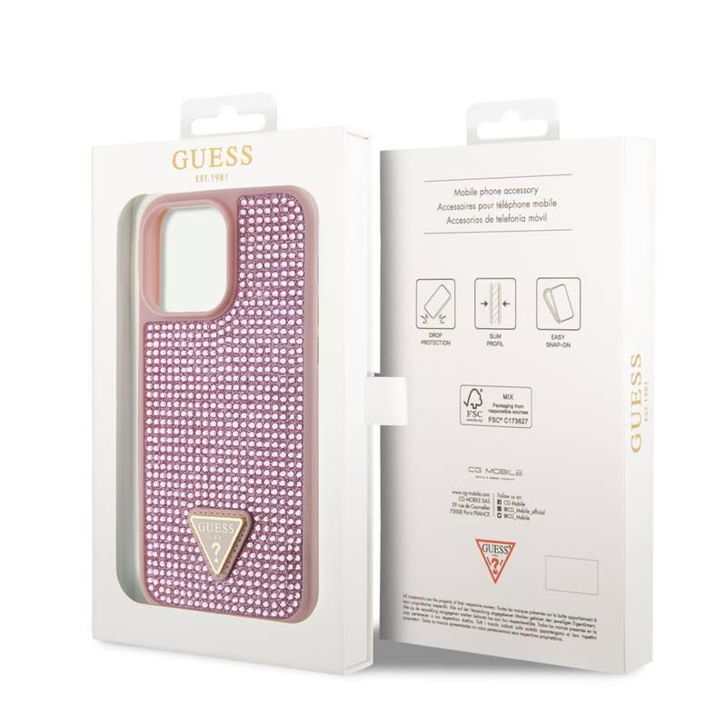 Kryt na mobil Guess Rhinestones Triangle Metal Logo na Apple iPhone 14 Pro Max růžový