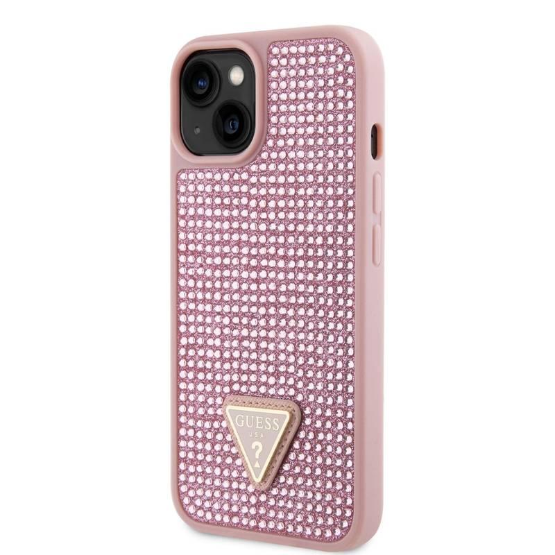 Kryt na mobil Guess Rhinestones Triangle Metal Logo na Apple iPhone 14 růžový