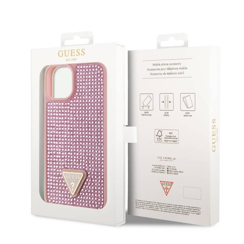 Kryt na mobil Guess Rhinestones Triangle Metal Logo na Apple iPhone 14 růžový