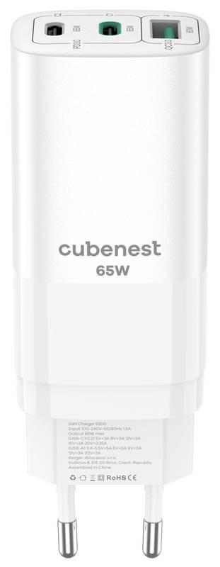 Nabíječka do sítě CubeNest S3D0 GaN, 1xUSB, 2xUSB-C PD, 65 W bílá