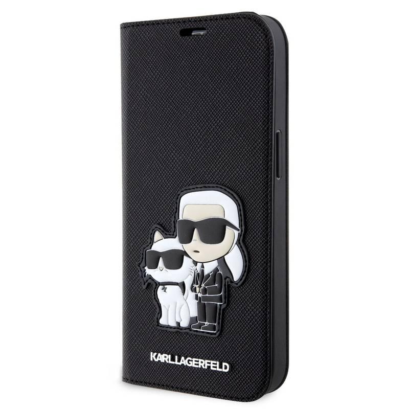 Pouzdro na mobil flipové Karl Lagerfeld PU Saffiano Karl and Choupette NFT na Apple iPhone 13 černé