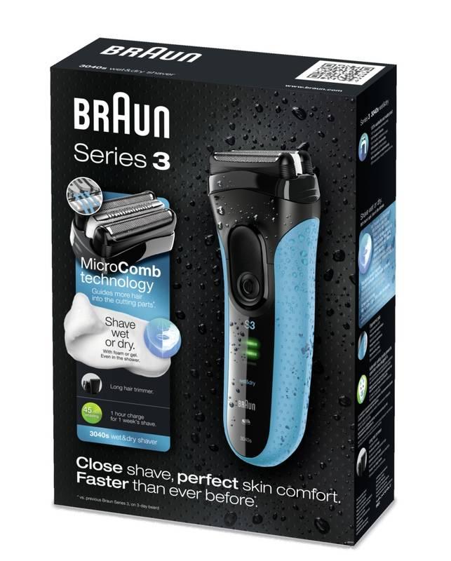 Holicí strojek Braun Series 3-3040s Wet&Dry černý modrý, Holicí, strojek, Braun, Series, 3-3040s, Wet&Dry, černý, modrý