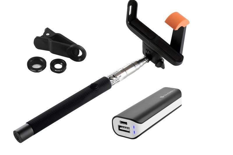 Selfie SET GoGEN 3in1, selfie tyč, power bank, mini objektiv