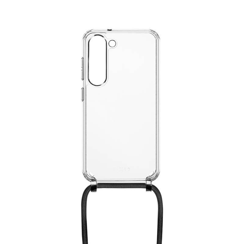 Kryt na mobil FIXED Pure Neck s černou šňůrkou na krk na Samsung Galaxy S23 průhledný