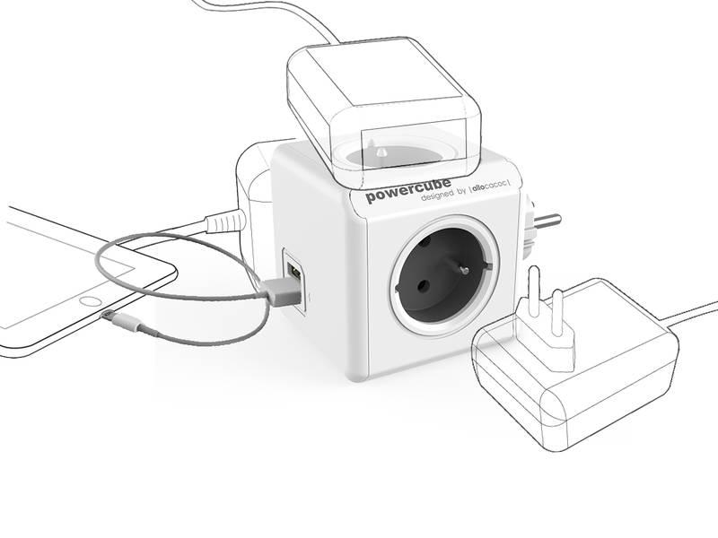 Zásuvka Powercube Original USB, 4x zásuvka, 2x USB šedá bílá