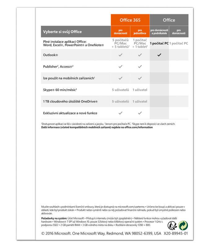 Software Microsoft Office 2016 CZ pro domácnosti a podnikatele