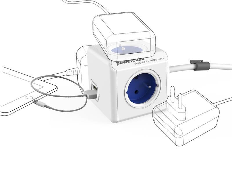 Kabel prodlužovací Powercube Extended USB, 4x zásuvka, 2x USB, 1,5m bílý modrý