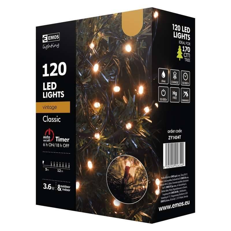 Vánoční osvětlení EMOS 120 LED, 12m, řetěz, jantarová, časovač