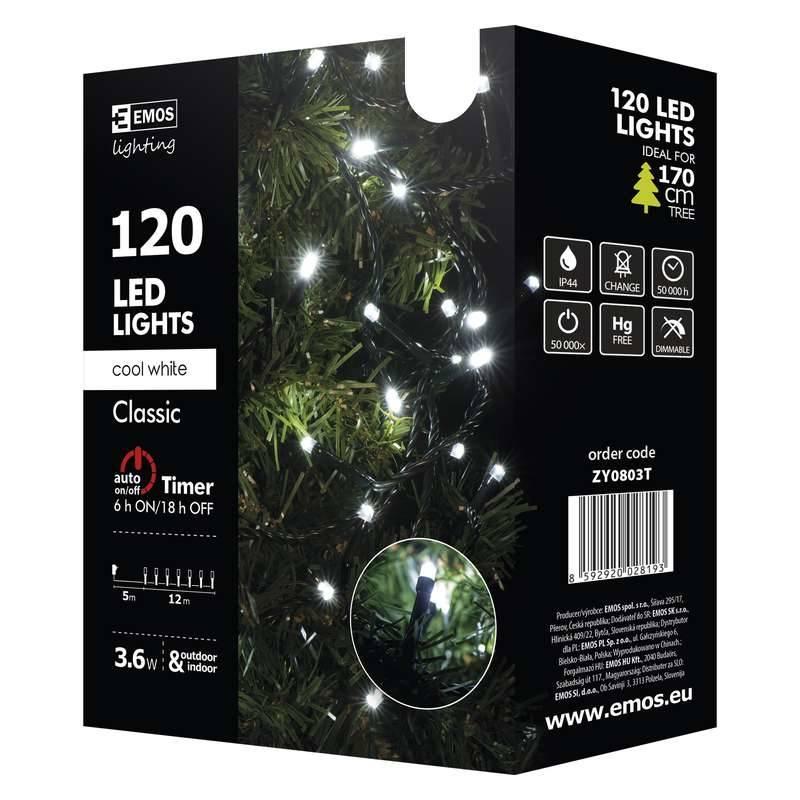 Vánoční osvětlení EMOS 120 LED, 12m, řetěz, studená bílá, časovač, i venkovní použití
