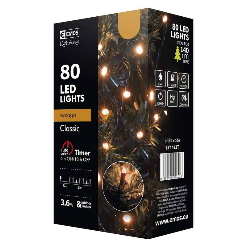 Vánoční osvětlení EMOS 80 LED, 8m, řetěz, jantarová, časovač