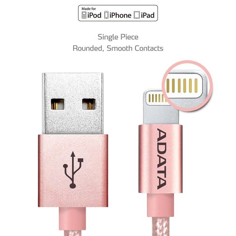 Kabel ADATA Sync & Charge USB Lightning, 1m, MFi, opletený růžový, Kabel, ADATA, Sync, &, Charge, USB, Lightning, 1m, MFi, opletený, růžový