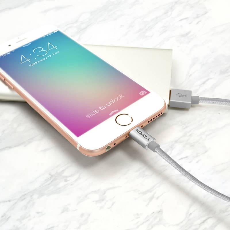 Kabel ADATA Sync & Charge USB Lightning, 1m, MFi, opletený stříbrný