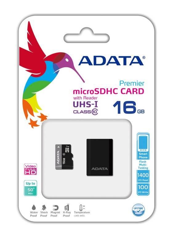Paměťová karta ADATA 16GB Class 10 UHS-U1 čtečka MicroReader Ver.3 černá, Paměťová, karta, ADATA, 16GB, Class, 10, UHS-U1, čtečka, MicroReader, Ver.3, černá