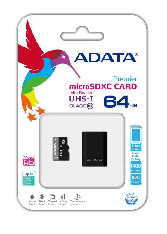 Paměťová karta ADATA 64GB Class 10 UHS-U1 čtečka MicroReader Ver.3 černá, Paměťová, karta, ADATA, 64GB, Class, 10, UHS-U1, čtečka, MicroReader, Ver.3, černá