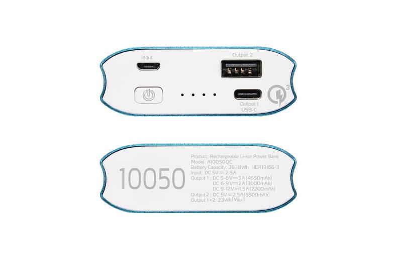 Powerbank ADATA A10050QC 10050mAh, s funkcí rychlonabíjení modrá