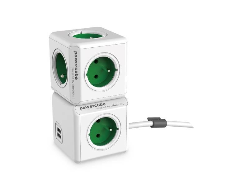 Kabel prodlužovací Powercube Extended USB, 4x zásuvka, 2x USB, 1,5m zelená