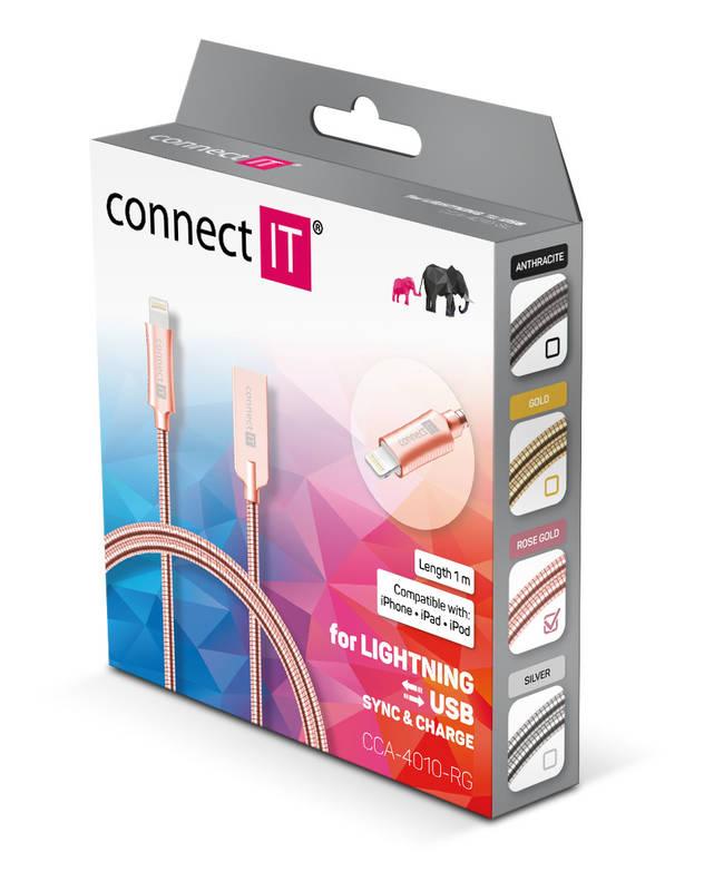Kabel Connect IT Wirez Steel Knight USB Lightning, ocelový, opletený, 1m růžový zlatý
