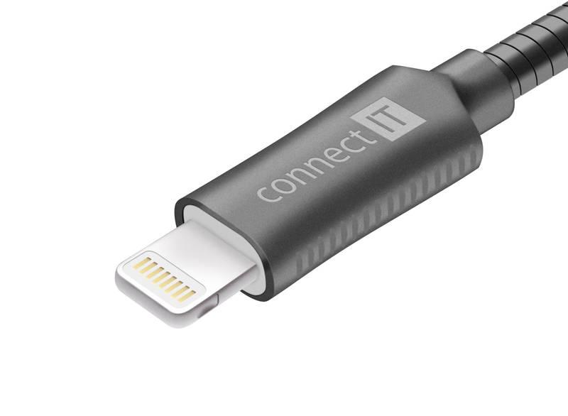 Kabel Connect IT Wirez Steel Knight USB Lightning, ocelový, opletený, 1m šedý