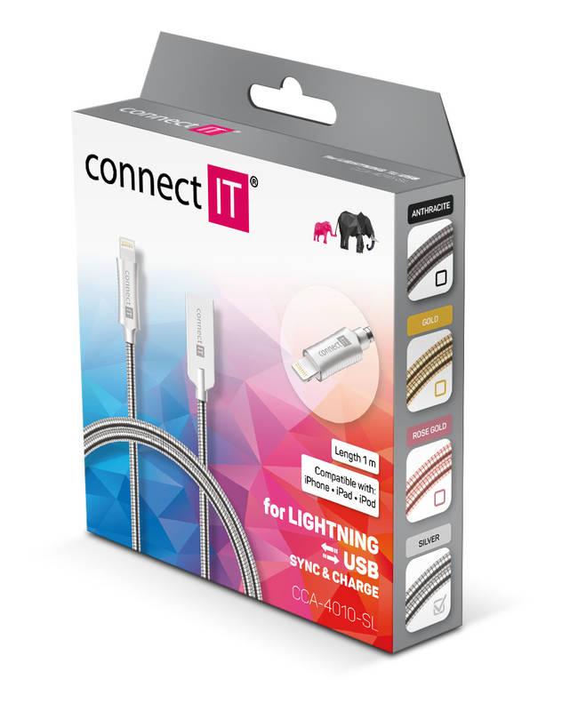 Kabel Connect IT Wirez Steel Knight USB Lightning, ocelový, opletený, 1m stříbrný
