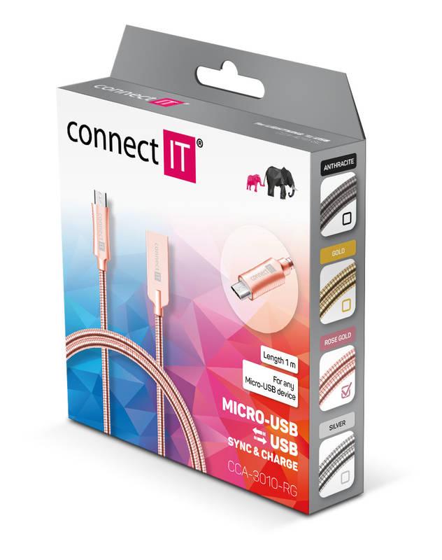 Kabel Connect IT Wirez Steel Knight USB micro USB, ocelový, opletený, 1m růžový zlatý