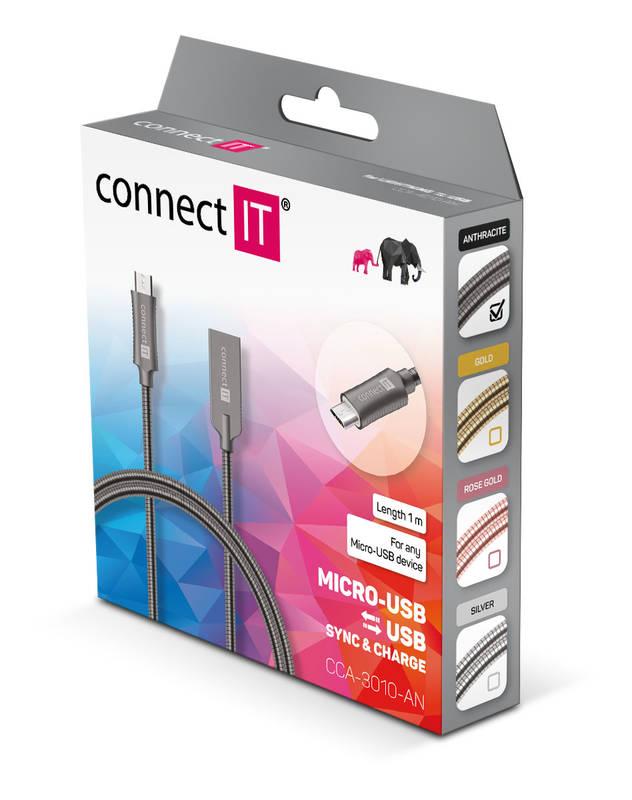 Kabel Connect IT Wirez Steel Knight USB micro USB, ocelový, opletený, 1m šedý
