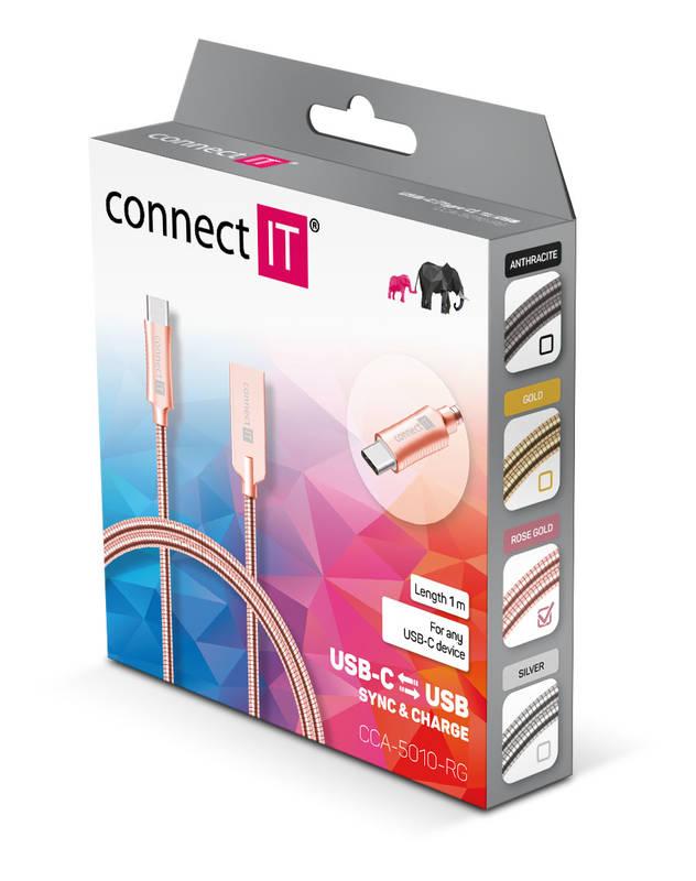 Kabel Connect IT Wirez Steel Knight USB USB-C, ocelový, opletený, 1m růžový zlatý