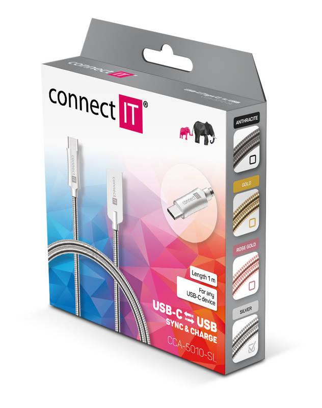 Kabel Connect IT Wirez Steel Knight USB USB-C, ocelový, opletený, 1m stříbrný