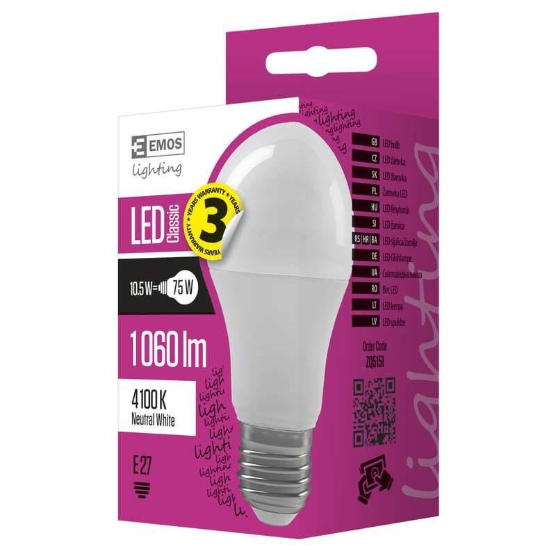 Žárovka LED EMOS klasik, 10,5W, E27, neutrální bílá