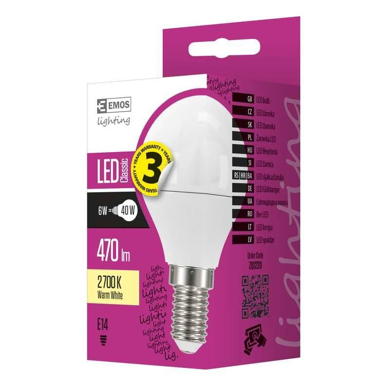 Žárovka LED EMOS mini globe, 6W, E14, teplá bílá