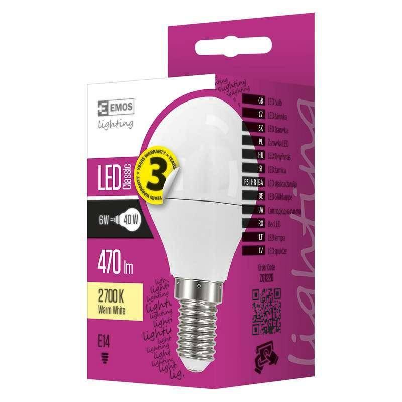 Žárovka LED EMOS mini globe, 6W, E14, teplá bílá