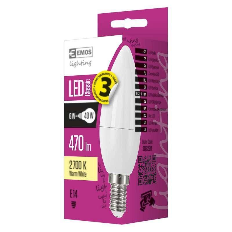 Žárovka LED EMOS svíčka, 6W, E14, teplá bílá