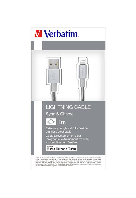 Kabel Verbatim Sync & Charge USB Lightning, 1m, MFi, nerezová ocel stříbrný, Kabel, Verbatim, Sync, &, Charge, USB, Lightning, 1m, MFi, nerezová, ocel, stříbrný