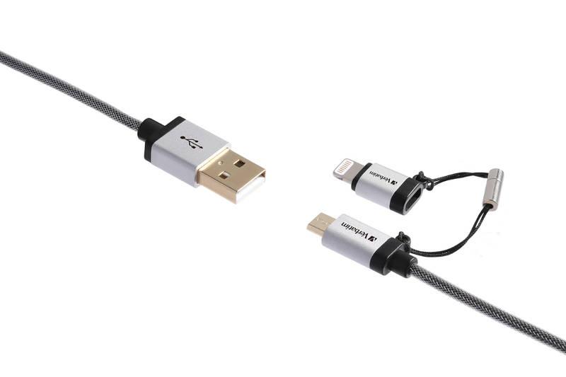 Kabel Verbatim Sync & Charge USB micro USB Lightning, 1,2m, oplétaný stříbrný