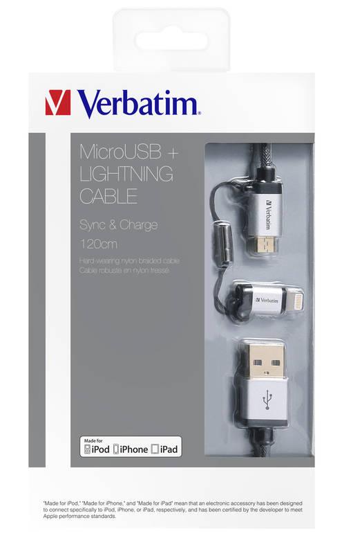 Kabel Verbatim Sync & Charge USB micro USB Lightning, 1,2m, oplétaný stříbrný