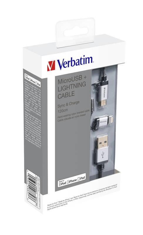 Kabel Verbatim Sync & Charge USB micro USB Lightning, 1,2m, oplétaný stříbrný